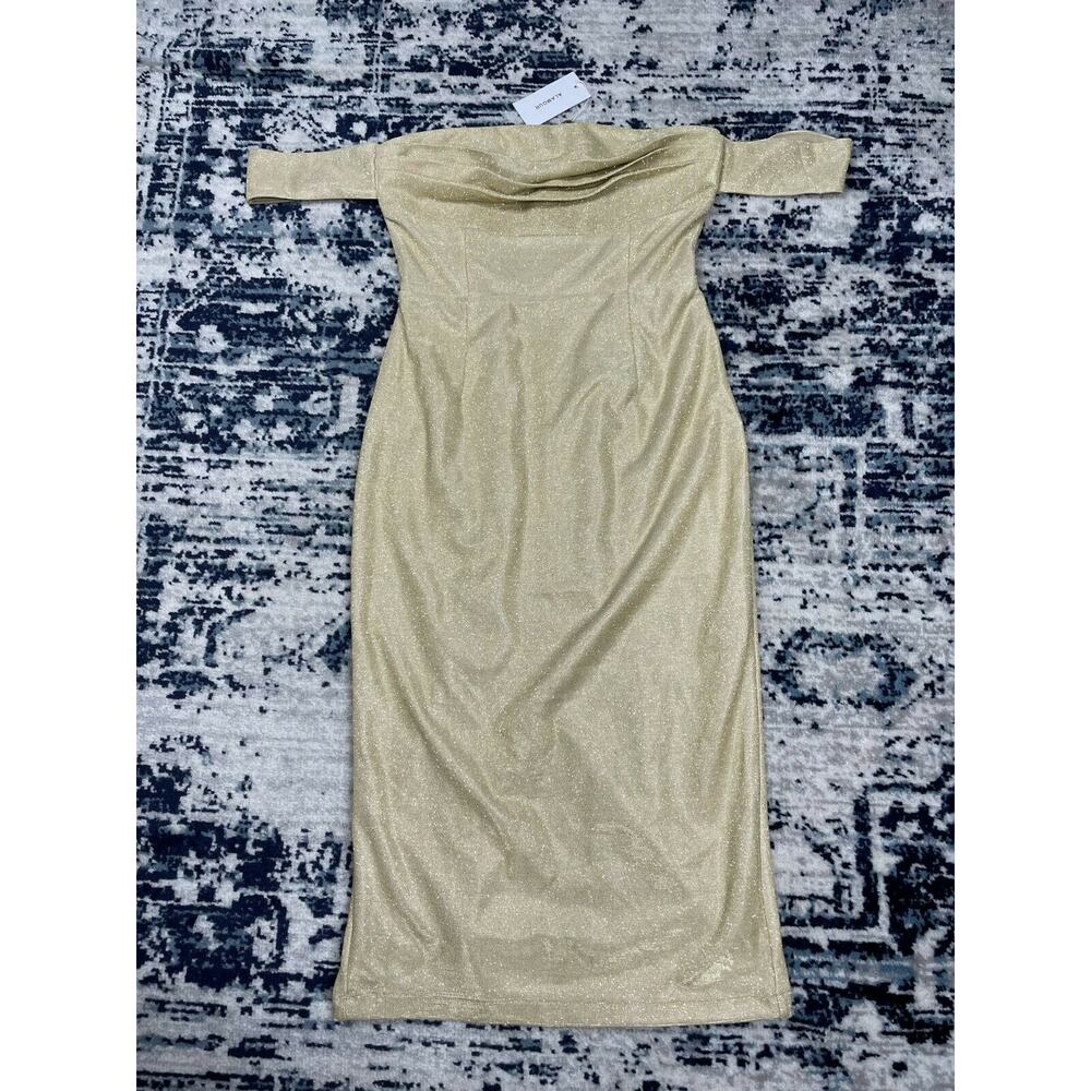ALAMOUR Women Casual Off Shoulder Sleeve Midi Dress Party Glitter Cream XSmall - Picture 3 of 9